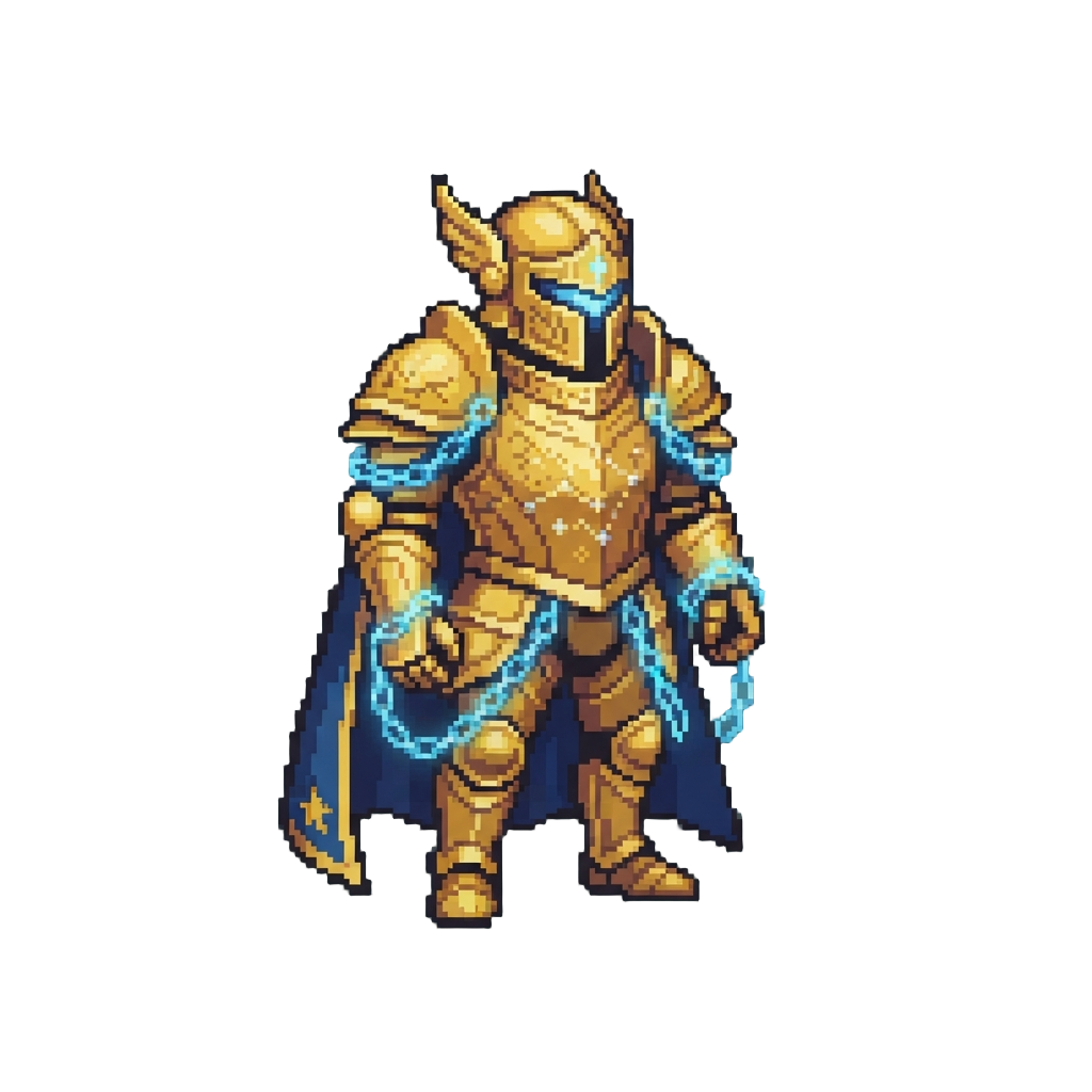 A Majestic Golden Andromeda Armor Suit with Glowing Chains