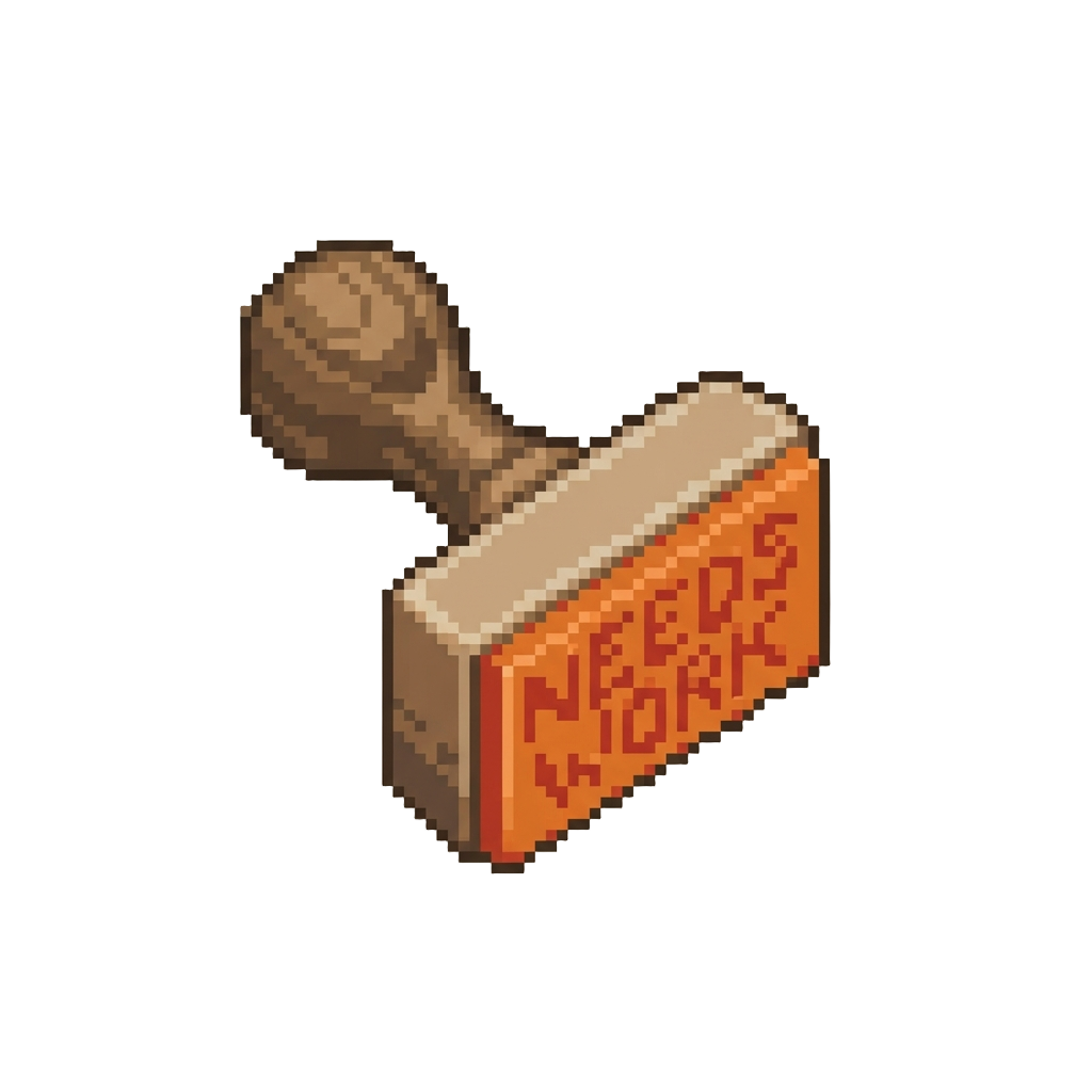 A 'needs Work' Stamp in Orange Ink