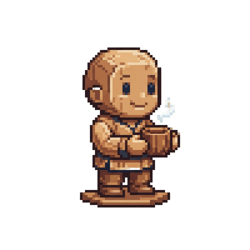 An Innocent Wooden Villager Holding Tea