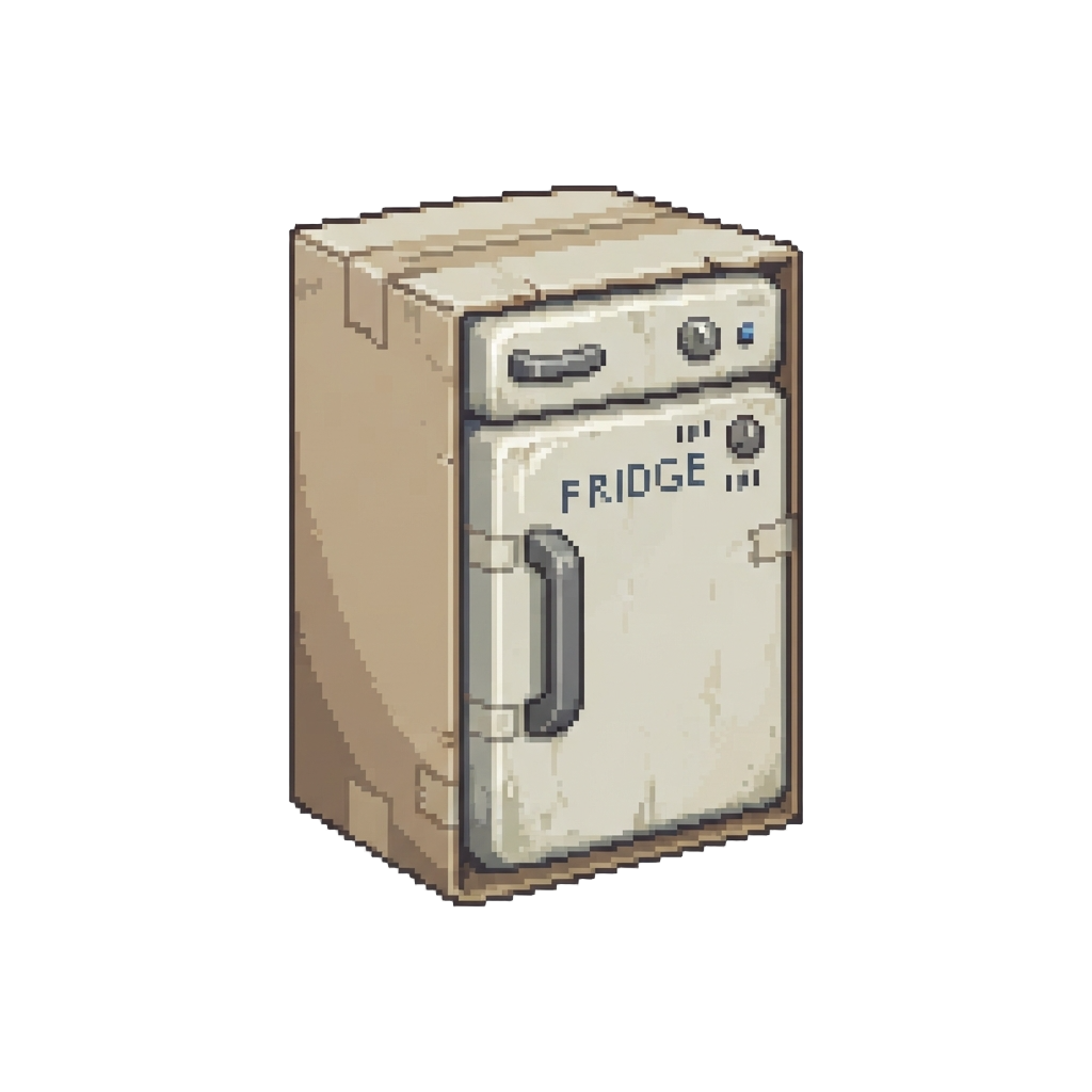 A Giant Cardboard Box Painted Like a Clunky Refrigerator
