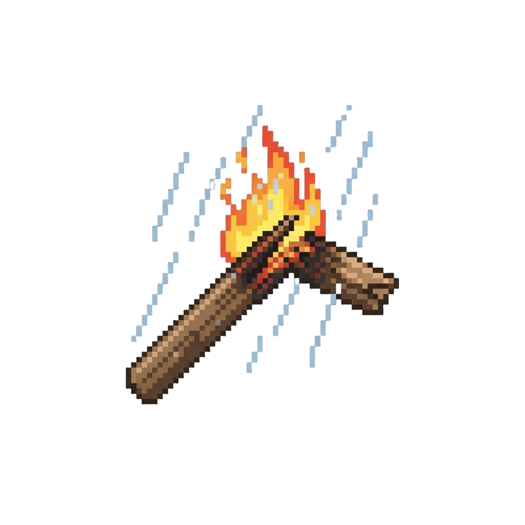 A Snapped Wooden Shaft Burning in the Rain