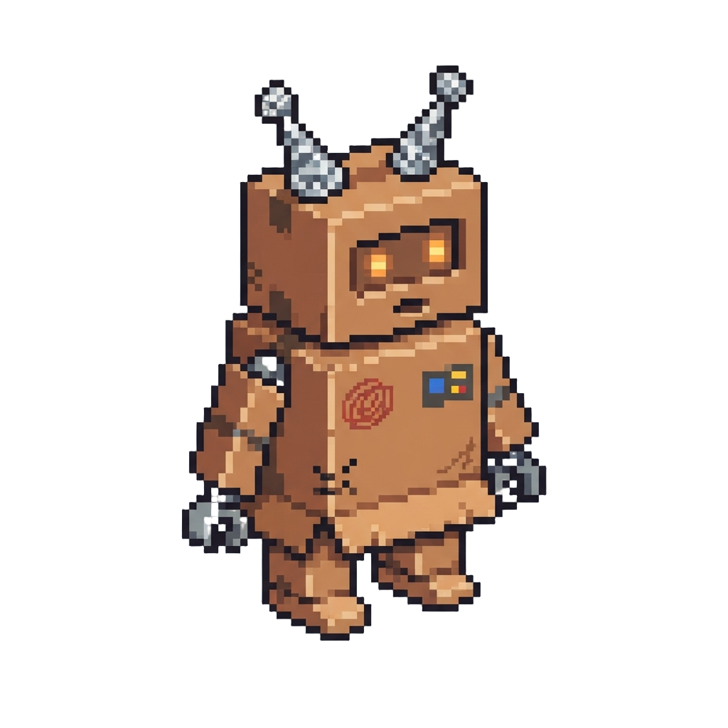 A Chunky Cardboard Robot Box Suit with Foil Antennae