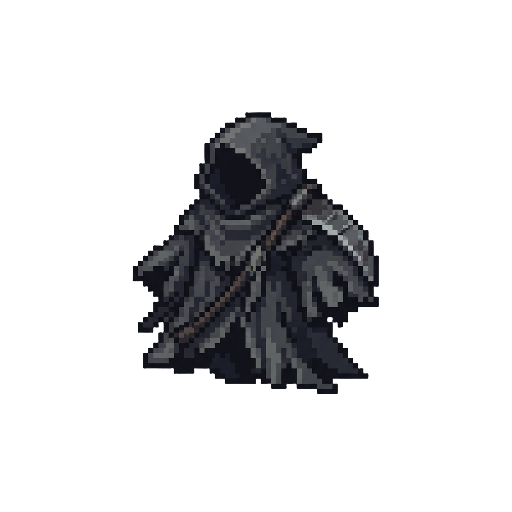 A Tattered Dark Reaper Robe with a Miniature Scythe