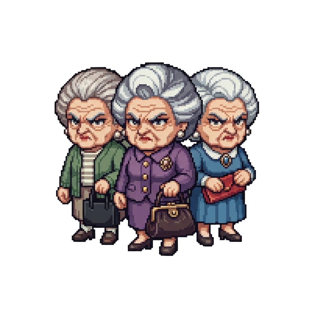 A Gang of Ferocious Old Lady Fashion Dolls Holding Handbags