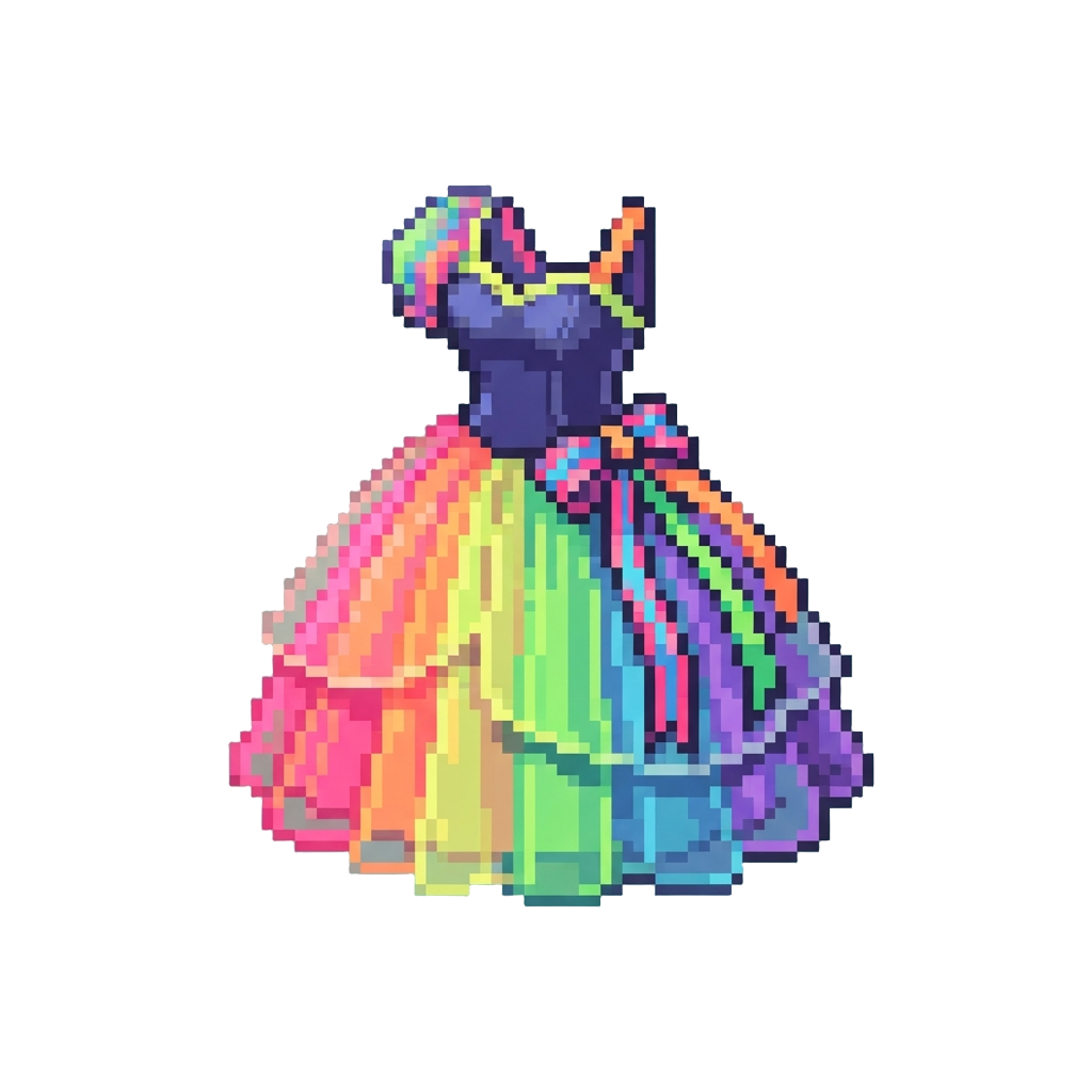 A Neon-colored Rainbow Tulle Gown with Mismatched Ribbons