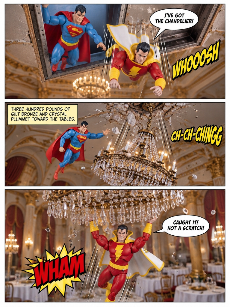 Superman Vs Shazam: 🦸‍♂️💪🏼 A Chandelier Descent 💬 Comic Story;  part 4 (page 2 of 4)