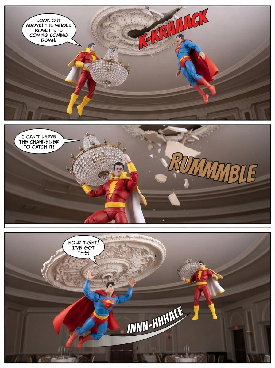 Superman Vs Shazam: 🦸‍♂️💪🏼 A Chandelier Descent 💬 Comic Story;  part 4 (page 3 of 4)
