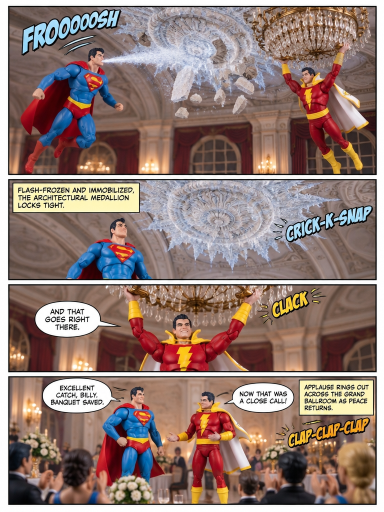 Superman Vs Shazam: 🦸‍♂️💪🏼 A Chandelier Descent 💬 Comic Story;  part 4 (page 4 of 4)