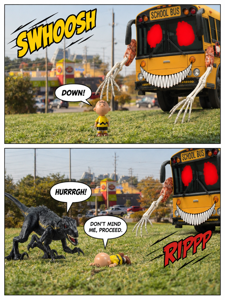 Suburban Standoff at Pyramids Park indoraptor Charlie brown bus Eater (page 2 of 4)
