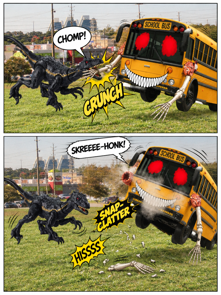 Suburban Standoff at Pyramids Park indoraptor Charlie brown bus Eater (page 3 of 4)